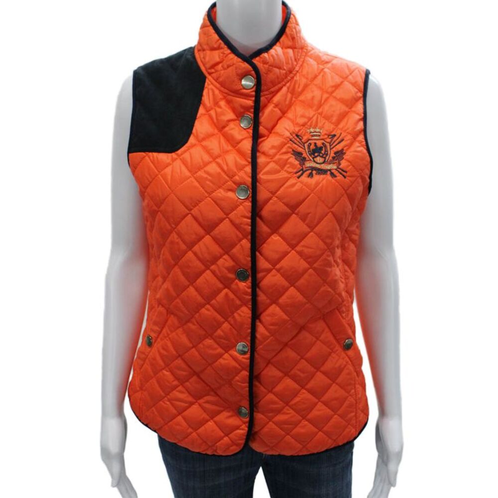 Dismero Women Quilted Orange Polyamide Vest Sleeveless Button Equestrian Size S